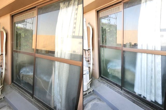 掃出し窓のガラス修理交換　網入り型ガラス　名古屋市熱田区